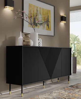 Zdjęcie produktu dla Komoda WOODY BLACK 4D 180 cm CZARNA MATOWA – fronty z frezowanego MDF – kredens na nóżkach