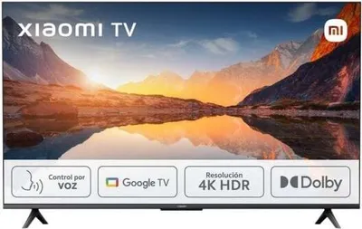 A Xiaomi TV is displayed with a scenic mountain landscape on its screen. Below the TV, there are feature callouts.