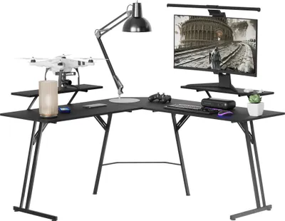 Image de UISEBRT Table de jeu en L de 140 cm, bureau d'angle pour PC, table d'ordinateur de bureau avec support d'écran, noir, table de gamer