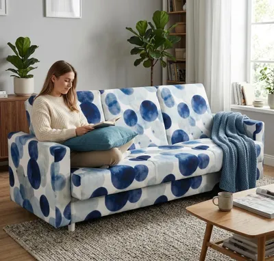 Produktbild von Schlafsofa ALICJA B Design – mit Schlaffunktion, Webstoff in Blau gemustert, Family Meble, KI-generiertes Bild