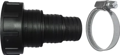 Produktbild von Stufenschlauchtülle Ø32 / 38 / 50mm x 2 Zoll Innengewinde Überwurfmutter + Schlauchschelle Ø30-45mm (Edelstahl)