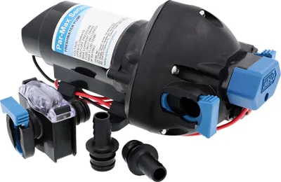 A black and blue water pump with accessories on a white background.
