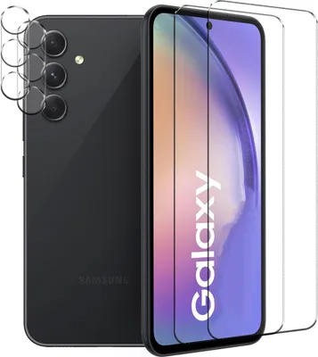 A black Samsung Galaxy A16 5G smartphone is shown with two screen protectors and two camera lens protectors.