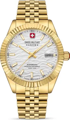 A studio shot of a gold Swiss Military Hanowa watch with a white textured dial.