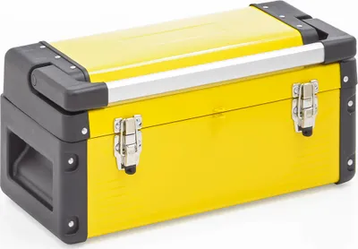 A yellow toolbox with black accents and a silver handle is shown against a white background.
