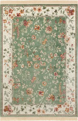 A top-down view of a rectangular rug with a floral pattern.