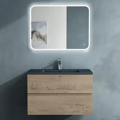 Image de doporro Meuble de Salle de Bain Suspendu Chêne Clair 80x48x50cm Ensemble de 3 Pièces Meuble avec Lavabo Gris Noir Mat Solid Surface et LED Miroir Design Aqualis