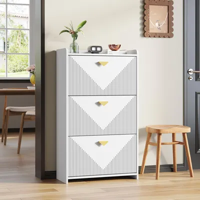 Image de Meuble à chaussures à portes battantes - 70 x 30 x 120 cm, blanc - 3 compartiments à portes battantes avec 6 étagères - Poignées dorées - Cloisons réglables
