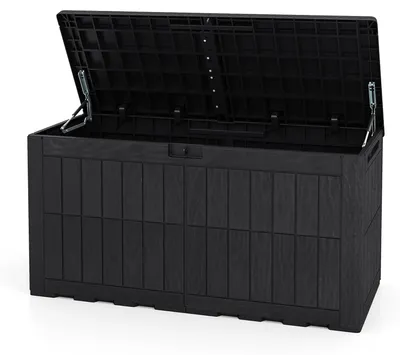 Produktbild von KOMFOTTEU 380 L wetterfeste Auflagenbox, abschließbare Aufbewahrungsbox mit Deckel, Gasdruckfedern & Griffen, 2-in-1 Terrassenbank und Kissenbox für Kissen, Gartenwerkzeug & Poolzubehör