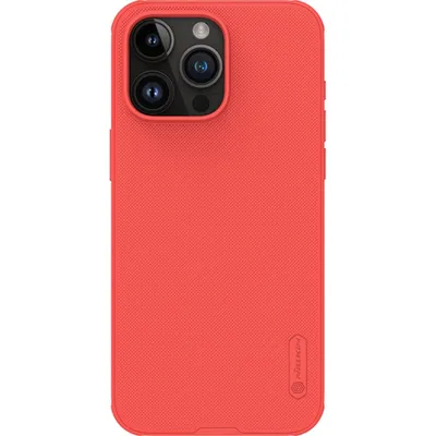 A red iPhone case with a camera cutout is shown against a white background.