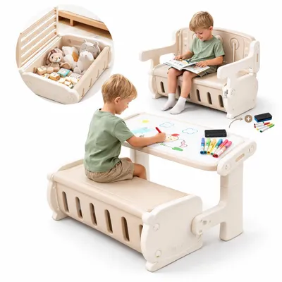 Produktbild von Zonovi Kinderschreibtisch 3-in-1 – Kindertisch mit Stühlen – Maltisch – Spieltisch für Kleinkinder – Wendbare Tischplatte mit Stiften