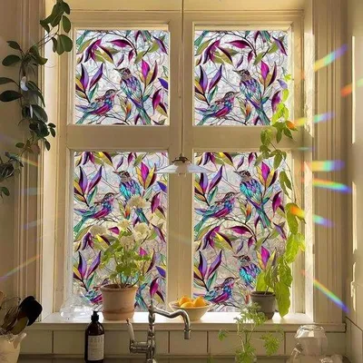 Immagine prodotto di Decorazione colorata per finestre con colibrì e foglie, 45x100 cm