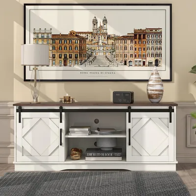 Obrázok produktu pre TV skrinka s posuvnými dvierkami, nízka komoda pod televízor, rozmer 150x40x60 cm, farby: biela a hnedá, nastaviteľné police, vhodná do obývačky a spálne