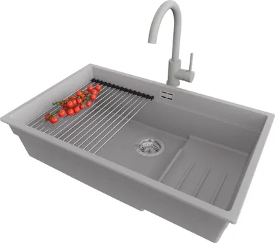 Produktbild von PRIMAGRAN Unterbauspüle Granit Grau 76x47cm, Spülbecken 1 Becken + Ablauf-Set + Küchenzubehörset, Granitspüle ab 80er Unterschrank - Praga