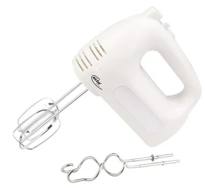 A white electric hand mixer with silver beaters and a separate set of dough hooks. The mixer has ventilation slits and a logo on its body.