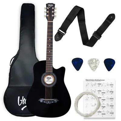 Obrázok produktu pre V-TONE AG ONE BK, akustická gitara, veľkosť 4/4, čierna, vhodná pre začiatočníkov, obsahuje: trsátko, remienok, náhradné struny, obal, zberník akordov
