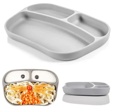 Image de Assiette en silicone pour enfants, avec compartiments, de couleur grise