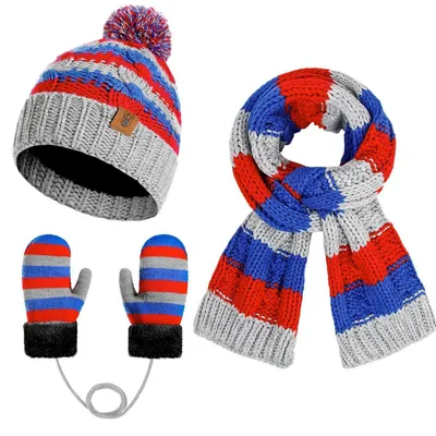 Produktbild von Wintermütze Schal Handschuhe Set Kinder 3-8 Jahre Grau Fleecefutter Bommel