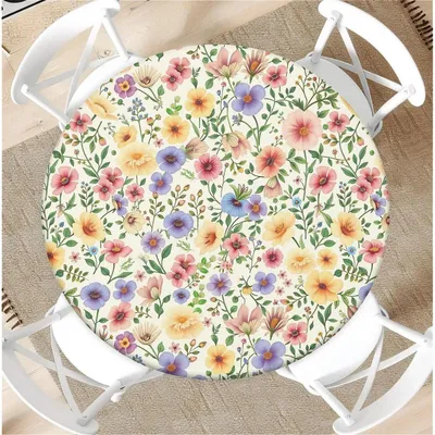Produktbild von Runde Tischdecke mit Gummizug Ø 90 cm Blumenmuster Polyester für 75-85 cm Tische