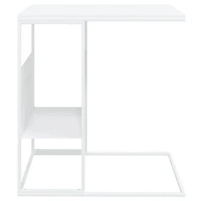 A white metal side table with a shelf and a rectangular base.