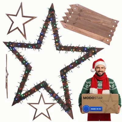 Produktbild von MODO24 2D Weihnachtsstern Holz MODOSTAR Set, Holzstern, Deko Stern,Holz, Faltbar, Outdoor Garten Wetterfest, 114 cm, Braun, GWZ