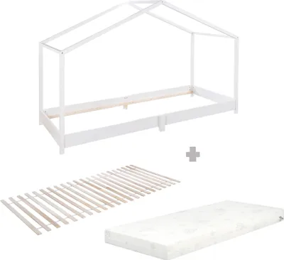 Immagine prodotto di Letto a terra roba in legno massello - Set con rete a doghe e materasso - 90 x 200 cm - Letto a terra secondo il principio Montessori - Legno laccato bianco