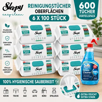 Produktbild von Sleepy Easy Clean Oberflächenreinigungstücher – 6x100 Montain + Glasreiniger GRATIS, KI-generiertes Bild