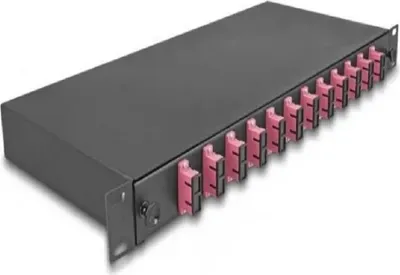 Imagen del producto de Delock, caja de empalmes de fibra óptica de 19 pulgadas, 12 puertos SC dúplex OM4, 1HE, lista para el empalme, completamente equipada