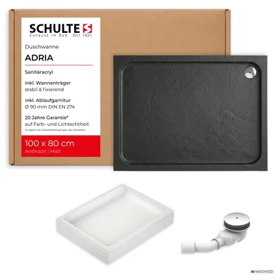 Produktbild von Schulte Duschwanne Adria 100x80 cm, Sanitäracryl Anthrazit Matt, Set mit Hartschaum-Wannenträger + Ab- und Überlauf, Höhe 14 cm