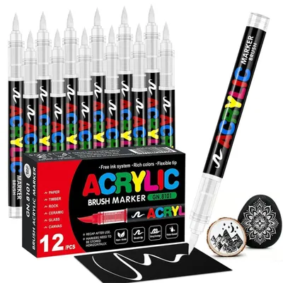 Obrázok produktu pre Sada 12 akrylových fixiek, biela, vodeodolné, štetcová špička 1-6 mm, vhodné na sklo, drevo, keramiku, kov a plátno