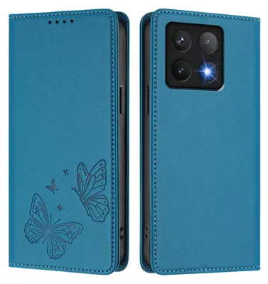 Produktbild von Lederhülle für Xiaomi 14T, Schmetterling Prägung Leder Brieftasche Schutzhülle mit Ständer Blau