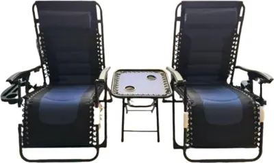 Immagine prodotto di Set di 2 sedie a sdraio da giardino – Regolabili da 90° a 160° – Con tavolino ribaltabile, poggiatesta e portabevande – Nero/blu – Per esterni, balcone e terrazza