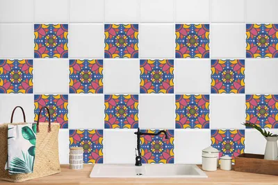 Produktbild von 24 Stück Laminierter Dekoratives Wandaufkleber für Küche Bad Dekor Mexikanische Arabeske 20 x 20 cm