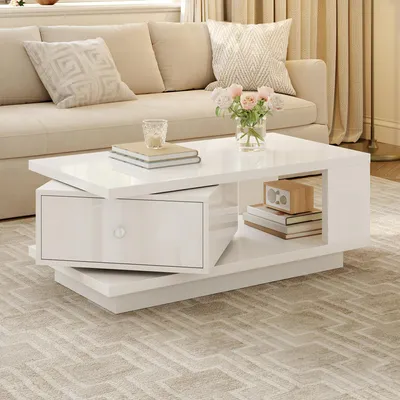 Produktbild von okwish Moderner Couchtisch mit drehbarer Schublade,Hochglanzfront,Sofatisch mit offenem Fach,Metallgriff, für Wohnzimmer,Weiß