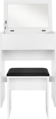 A white vanity table with a mirror and a black stool.