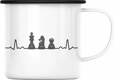 Produktbild von Trendation - Schach Geschenk Schachspieler Geschenkidee Emaille Tasse mit Schachfiguren Grafik (Schwarz)