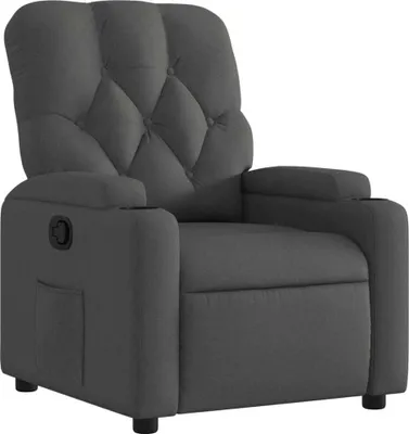 A dark gray fabric recliner chair is shown against a white background.