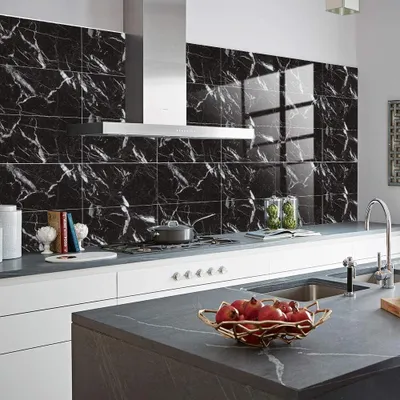 Productafbeelding van Tegelstickers, rechthoekig, 3D-marmerpatroon, mozaïek, waterdicht, oliebestendig - geschikt voor keuken, badkamer, woonkamer - 30 x 15 cm (zwart, 16 stuks)