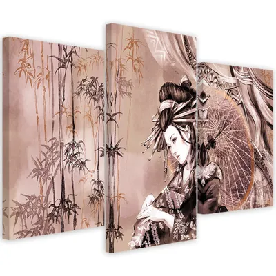 Produktbild von Triptychon auf leinwand geisha und bambus 120x80 cm Feeby rot wandbild bereit zum aufhängen