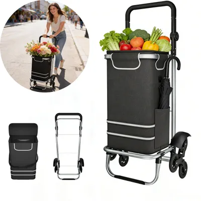 Image de Chariot de courses pliable TRMLBE  Noir 56 L Grand sac de courses à roulettes, chariot de transport pliable pour les courses, le camping et le jardin