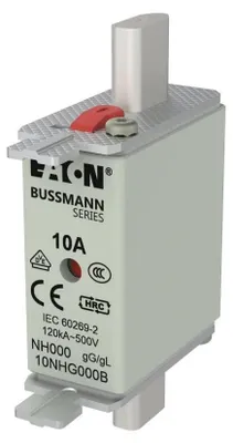 Produktbild von Eaton NH-Sicherung NH000, 10A, 500V AC, gL/gG, 120kA, Messerkontakte, Doppelanzeige, 1 Stk.