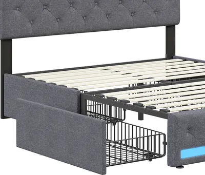 Produktbild von Polsterbett 140x190cm mit LED und höhenverstellbarem Kopfteil, Doppelbett mit Lattenrost und 4 Schubladen, Stauraumbett Leinen, Grau