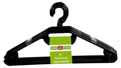 Produktbild von 10 - 500 Stück (10, Schwarz) in schwarz oder weiß Sustania Kunststoff Kleiderbügel Wäschebügel mit antirutsch Rillen, Hosensteg und Krawattenhalter und Rockaufhängekerben