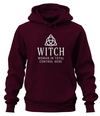 Productafbeelding van Heksenvrouw, volledige controle hier. Wicca, heks, Keltisch, Triquetra. Uni hoodie, sweater, bordeauxrood, maat S