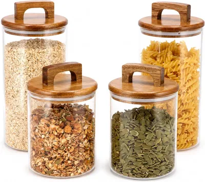Produktbild von Vorratsglas 4 Stück, luftdicht mit Akazienholzdeckel, BPA-frei, für Küche