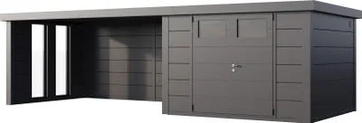 Produktbild von Telluria Metallgerätehaus Classico 3030 mit Lounge Anbau (ca. 450 cm Breite) inkl. 2 Fenstern granitgrau/anthrazit Lounge-Anbau links