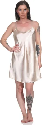 Produktbild von Damen kurzes Satin Negligé Nachtkleid Nachthemd Satin; Beige/S
