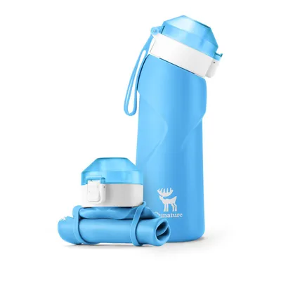 Immagine prodotto di Qunature 700ml Bottiglie d'acqua pieghevoli in silicone Bottiglia d'acqua per sport all'aperto arrotolabile con maniglia per il trasporto per escursioni, scuola e palestra, blu
