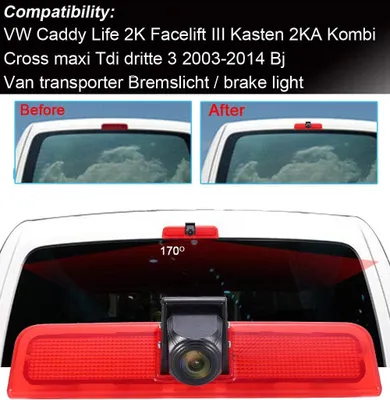 Obrázek produktu pro Monitor zpětného zrcátka + couvací kamera: Sada pro VW Caddy Life, 2K, model po faceliftu, verze III, karoserie box/kombi, kód 2KA. Obsahuje HD couvací kameru, která se integruje do třetí brzdové světlo