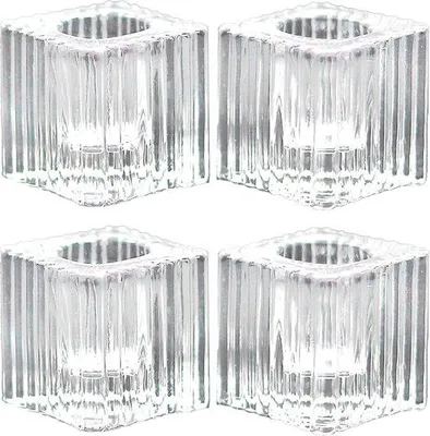 Zdjęcie produktu dla Zestaw 4 sztuk szklanych świeczników, przezroczystych, kwadratowych, o wymiarach 1,57" x 1,57" x 1,57", z otworem na świecę o średnicy 0,9" – idealne do świec stołowych, świec LED i świeczek zapachowych, dekoracja stołu